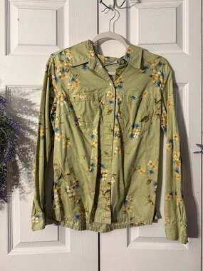 Liz Claiborne Lizwear Vintage Green Floral Long Sleeve Button Up Shirt Size Medi